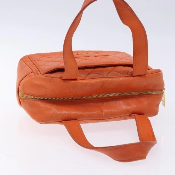 CHANEL Matelasse Hand Bag Lamb Skin Orange Gold CC Auth 133092 - Picture 7 of 16